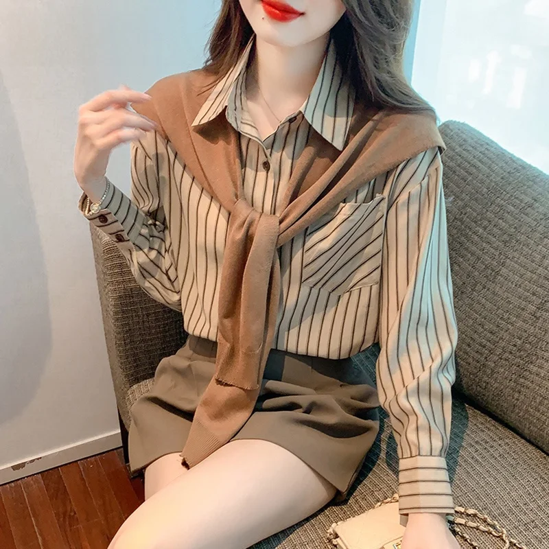 

Retro Striped Faion Long Sve irt Women's Autumn Wear 2026 Spring New Sle Ladies Top Agel Beautiful Small irt