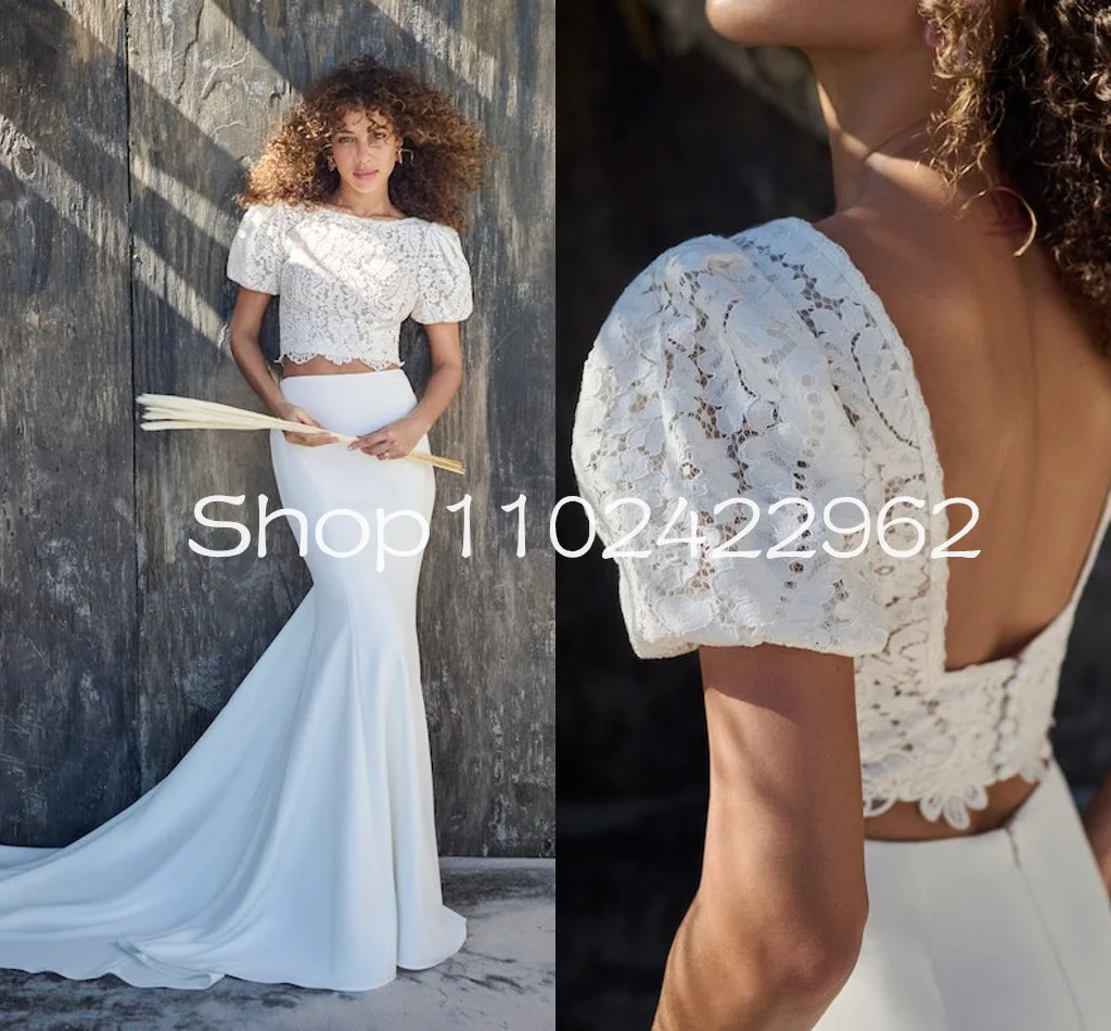 Boho Lace Two-piece Bridal Gown with A Crepe Fabric skirt and open square Back Beach boho mermaid wedding dress outfits