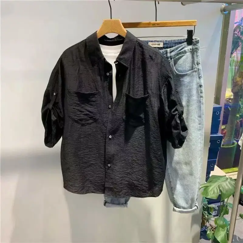 

Summer Thin Hong Kong Style Workwear Short Sleeve Shirt Men's Trendy Handsome 5 Sleeve Casual Loose Internet Famous Top