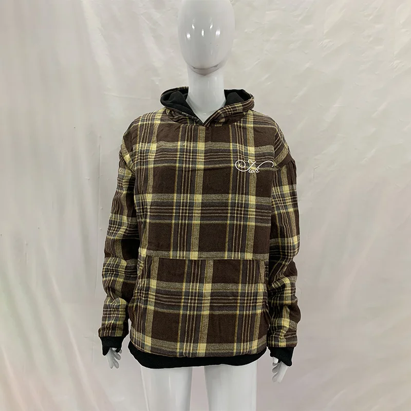 2026 Herbst Winter Damen Vintage Wendbare Karierte Kapuzenjacke Übergroßer Doppelseitiger Streetwear Langarm-Pullover Sweatshirt – Detail 5