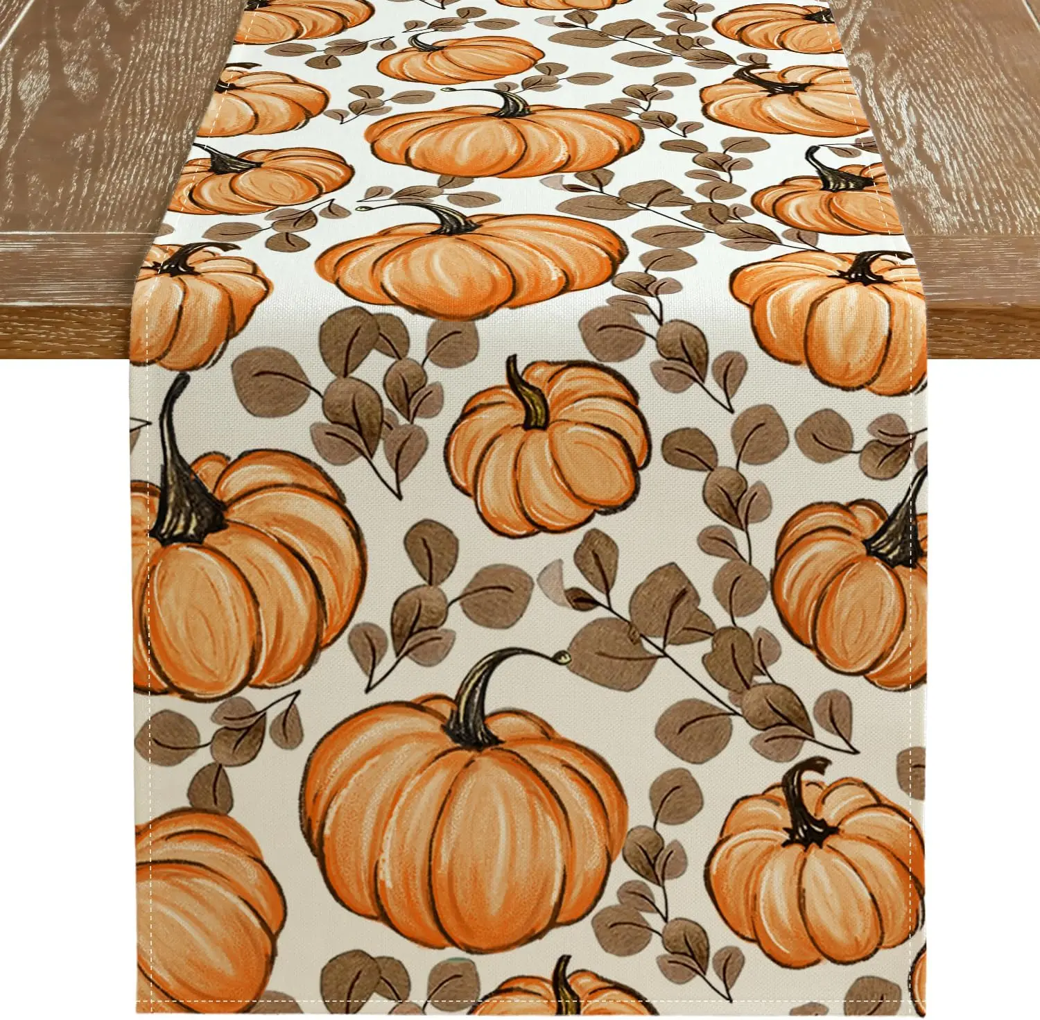 

Autumn Pumpkin Eucalyptus Leaf Linen Table Runner Fall Thanksgiving Dresser Scarf for Holiday Wedding Kitchen Dining Table Decor