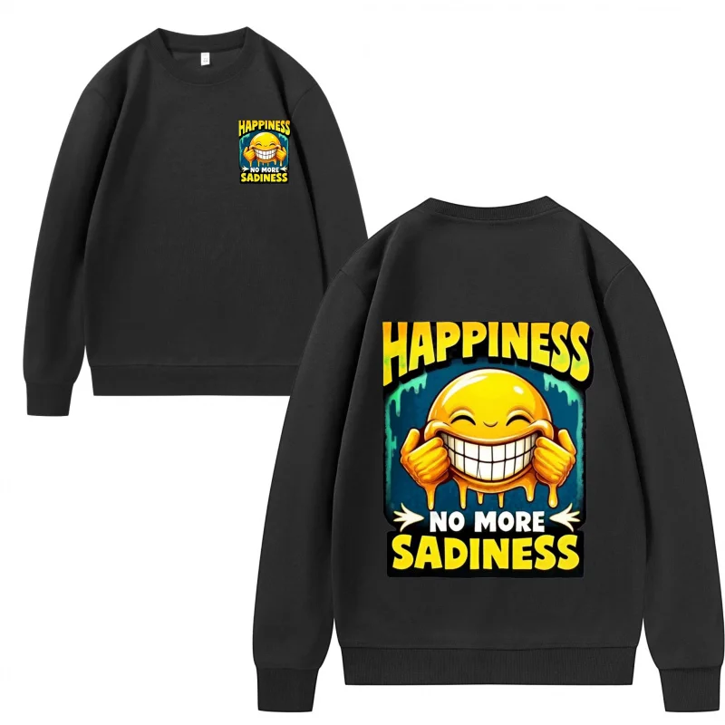 Men's Sweatshirt Black Emoji Face Happiness No More Sadness Print for Casual Wear