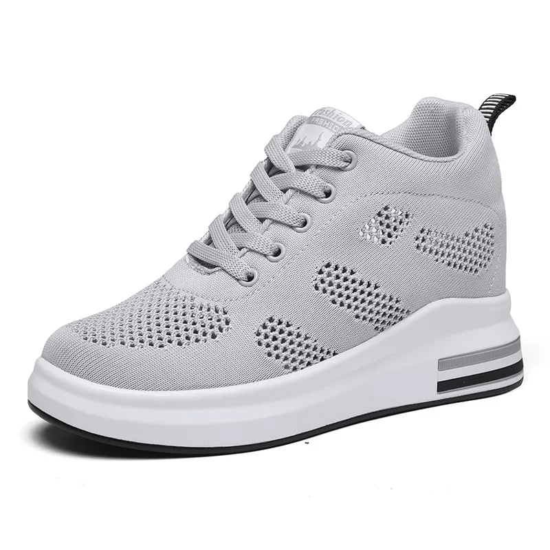 Casual Increase Women Shoes Mesh Comfortable Breathable Wedge Heels Fashion Contracted Lace Up Running Sneakers Tênis Branco