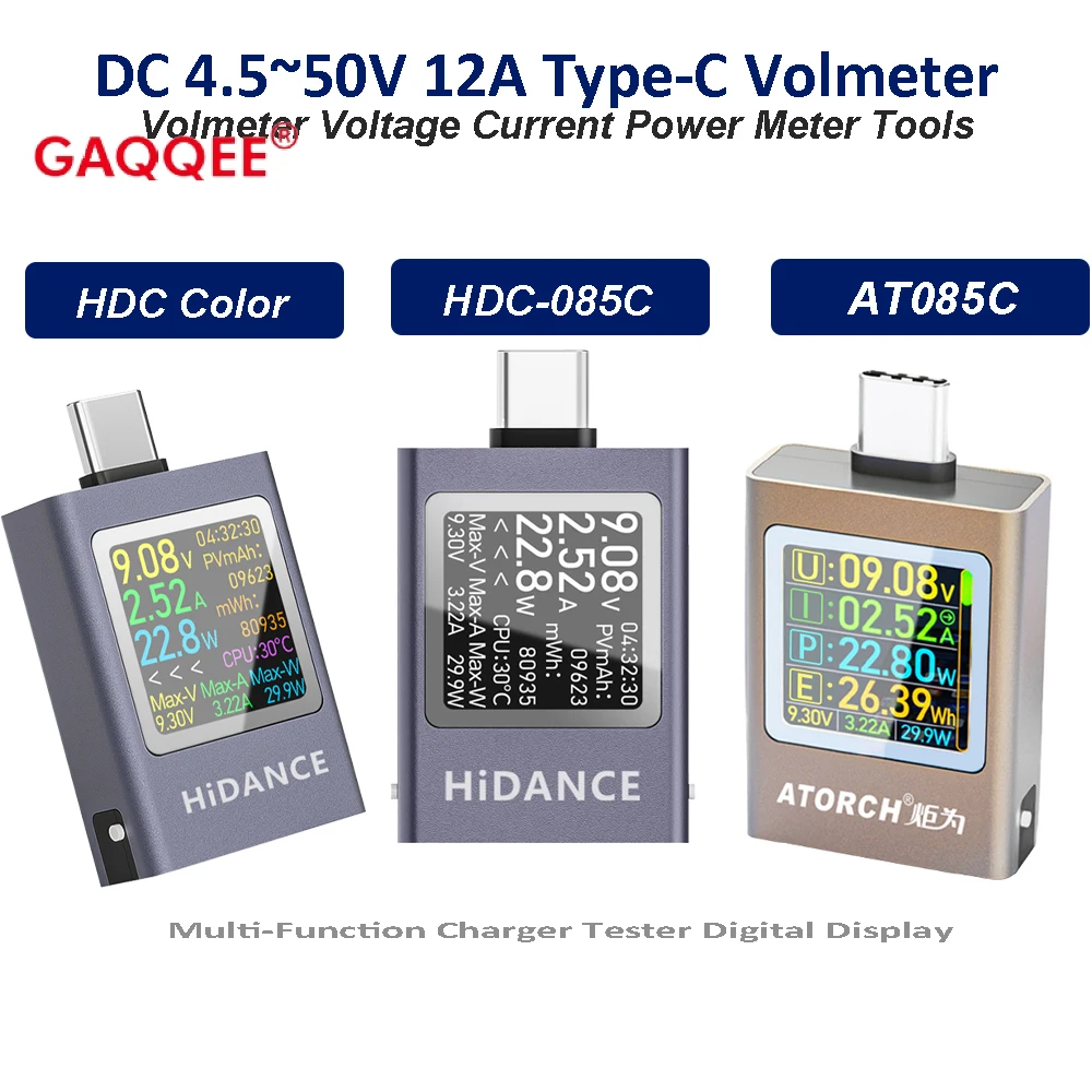 DC 4.5~50V 12A HDC-085C AT085C Type-C Volmeter Multi-Function Charger Tester Digital Display Voltage Current Power Meter Tools