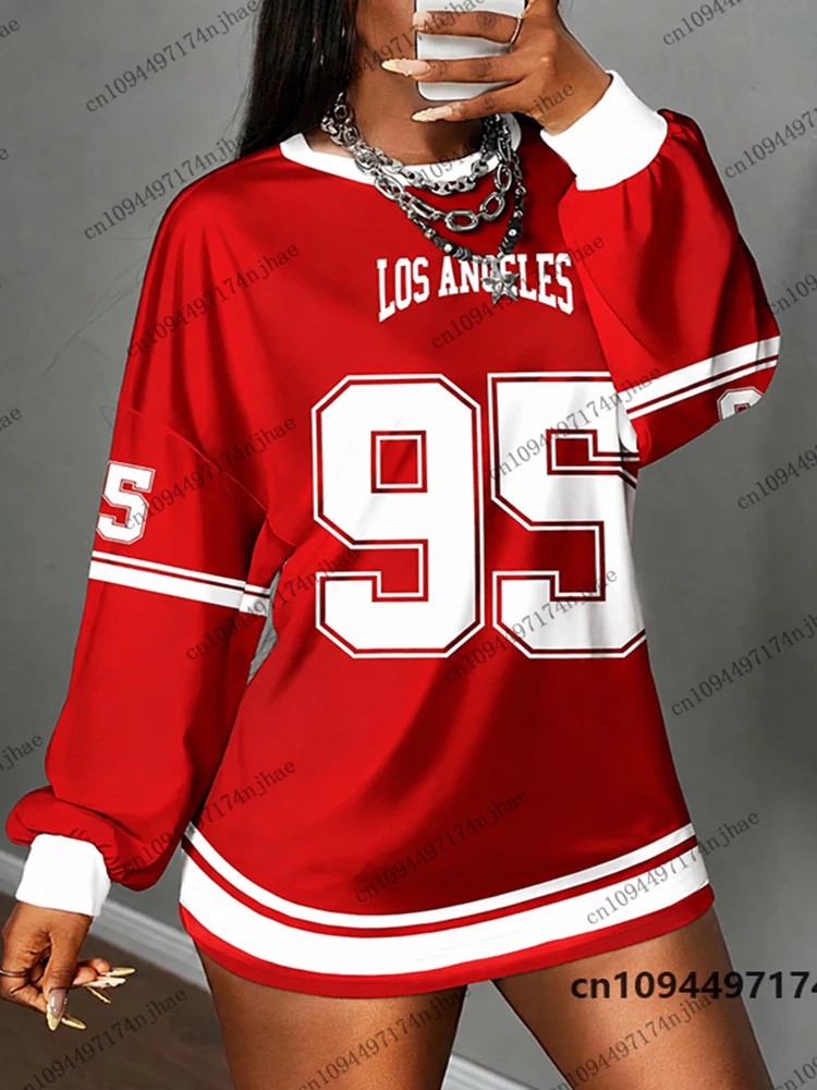 Herbst Neu Los Angeles Nr. 95 Print T-Shirt für Damen Langarm Sport O-Ausschnitt T-Shirts Fußballtrikot Y2K Lose Übergroße Oberteile – Detail 3
