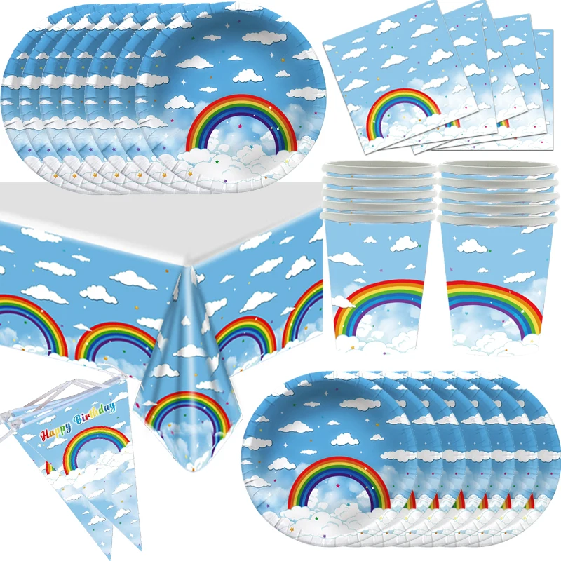 20 Rainbow Party Decorations Set Blue Sky Baby Shower Birthday Party Tableware Plates Napkins Banner Tablecloth Party Supplies