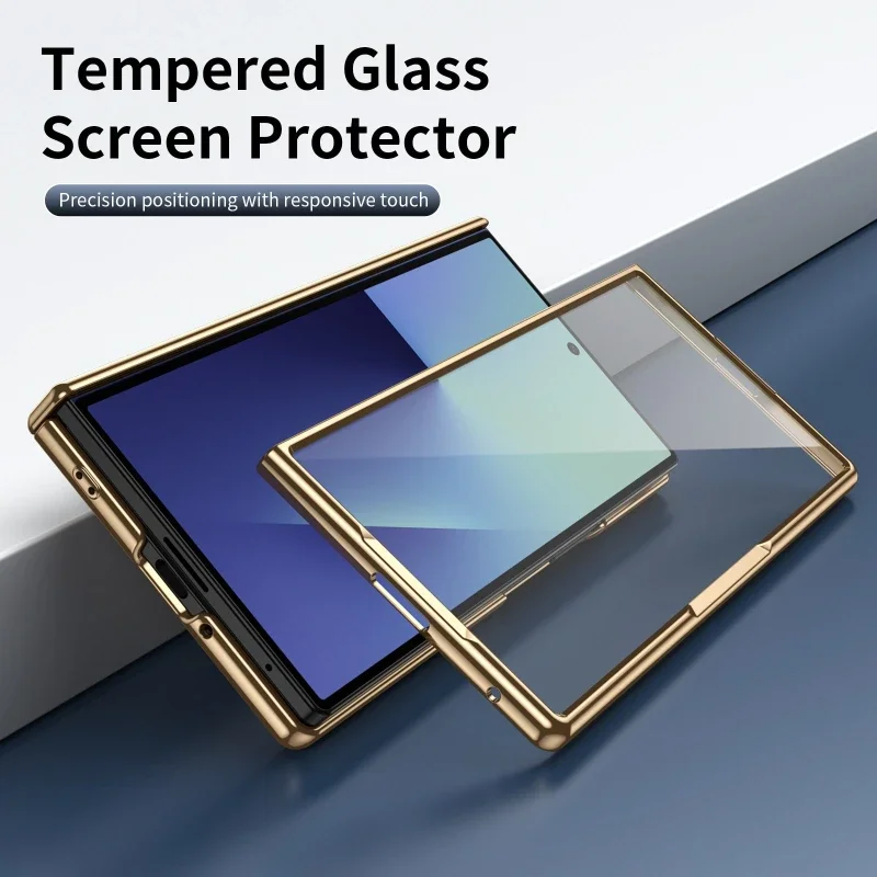 Hinge Protection Electroplated Frame Leather Case For Samsung Galaxy Z Fold 8 Ultra 7 6 5 4 3 Full Cover With Screen Protector
