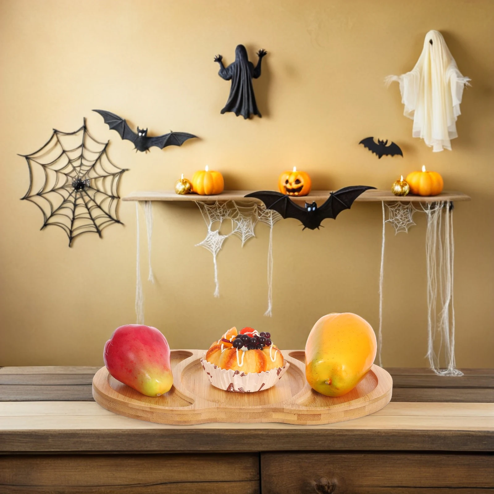 

Halloween Pumpkin Wood Serving Platter 5 Sections Bamboo Cheese Tray Fall Party Thanksgiving Snack Fruits Appetizers