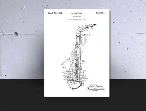 Metal Aluminium Plaque With Blueprint of Original Saxophone Patent