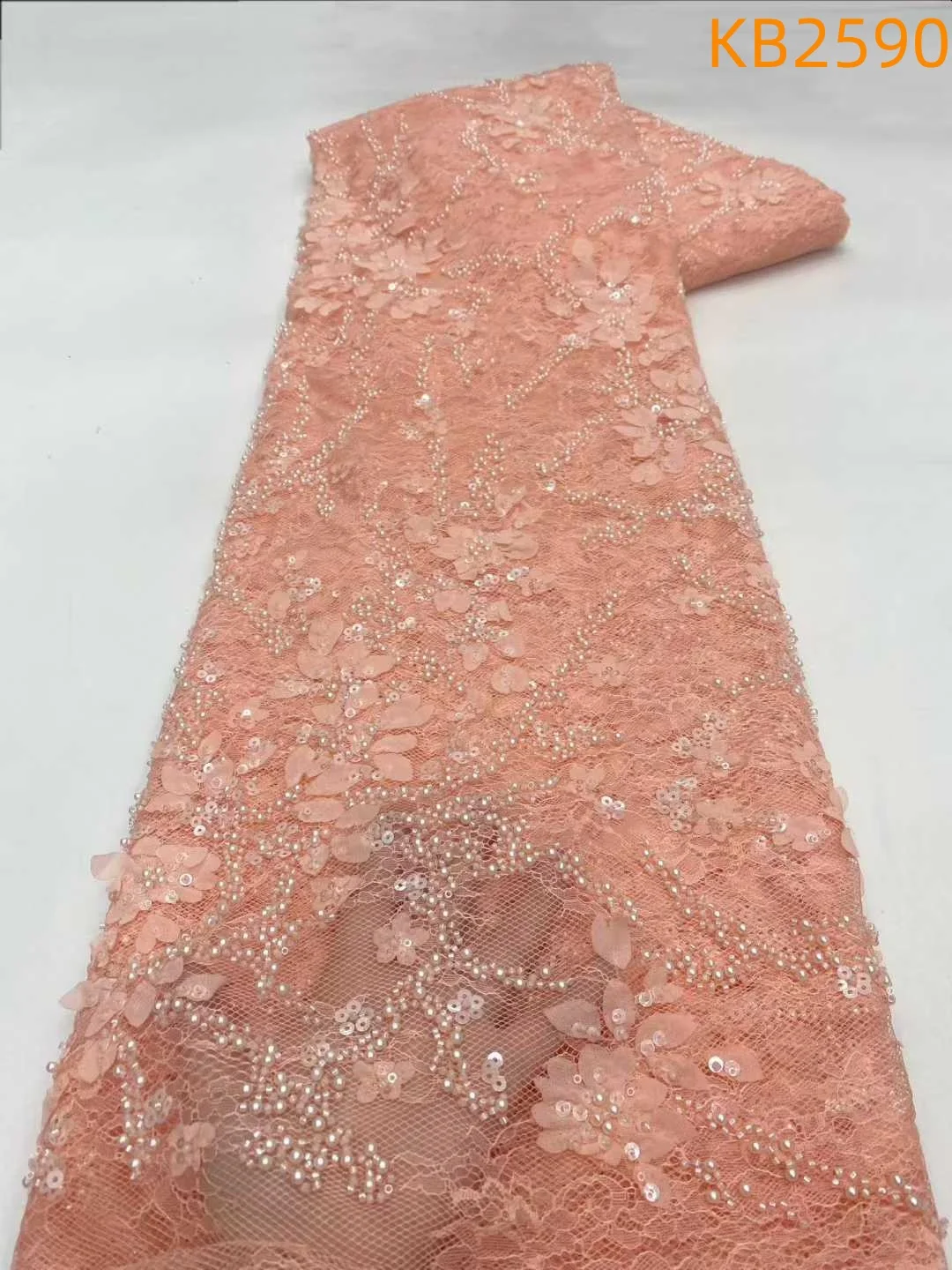 

African Beaded Mesh Lace Fabric 2026 High Quality Sequins French Lace Fabric 5 Yards For Nigerian Wedding Dresses Sewing KB2590