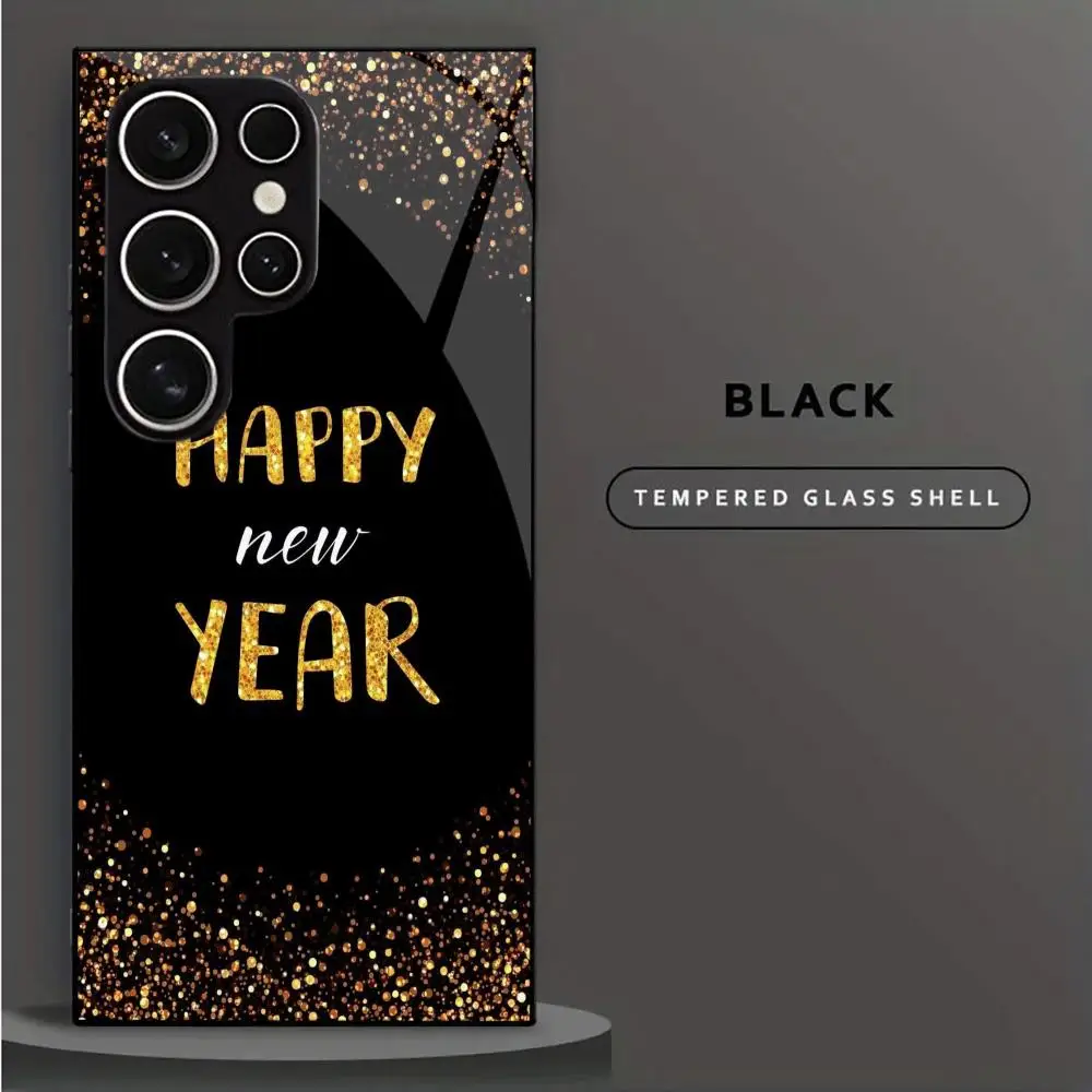 Gold Happy New Year Letter Black Tempered Glass Phone Case For Samsung GalaxyS26 25 24 A26 25 Ultra Shockproof Protective Cover