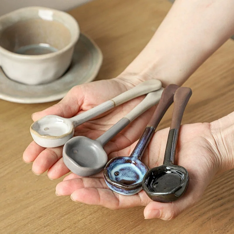4PCS Chinese Ceramic Large Spoon, Handmade Long Handle Asian Spoons, Retro Porcelain Spoons
