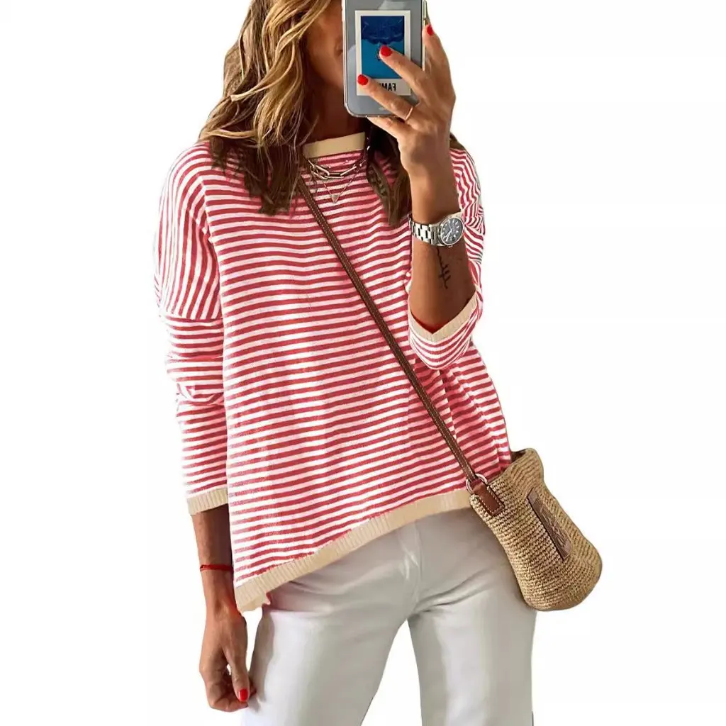 

Women's Off-Shoulder Long-Sleeved Knitted Sweater Gd2024 Contrasting Edge Stripes Loose Versatile Pullover Top