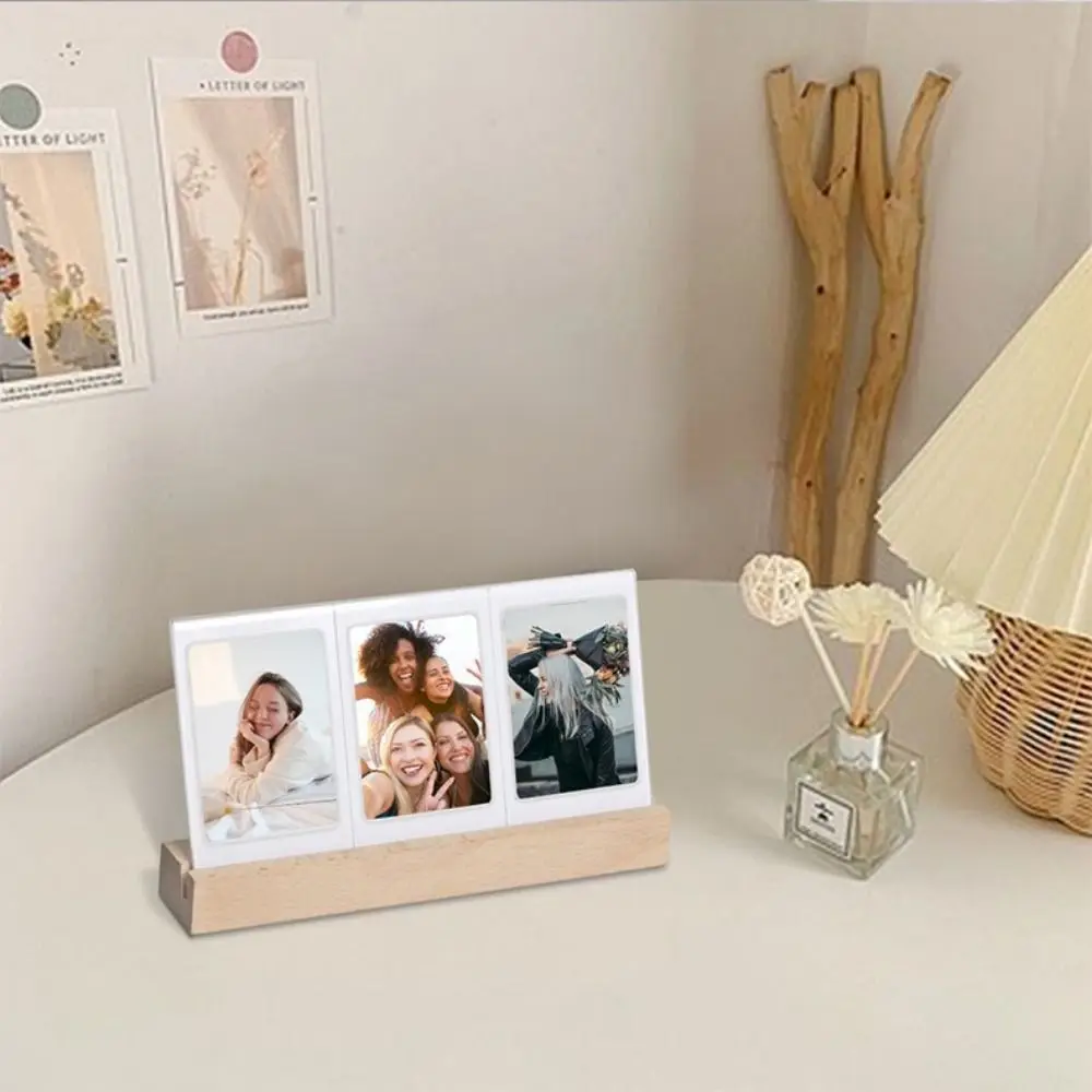 

3 in 1 LED Light Photo Frame Wooden Base 3 Inch Photo Instant Picture Frame Widely Use 3 Openings Tabletop Photo Display Rack