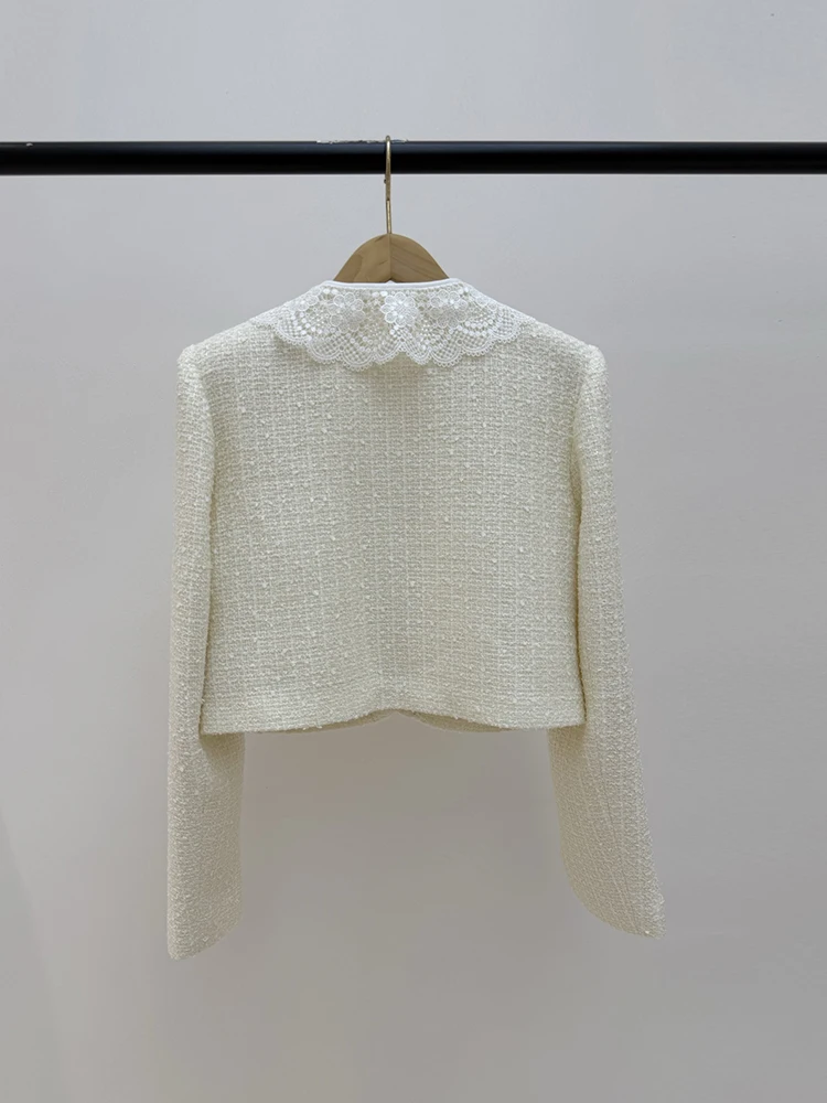 Self-portrait Spring Autumn Fashion White Tweed Short Style Jacket Women's O-Neck Lace Trim Bow Long Sleeve Fake Pocket Coat