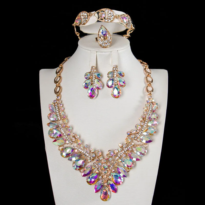 Cross-border e-commerce, exaggerated jewelry, crystal gemstone necklace, earrings, four-piece women's dress, dinner accessories