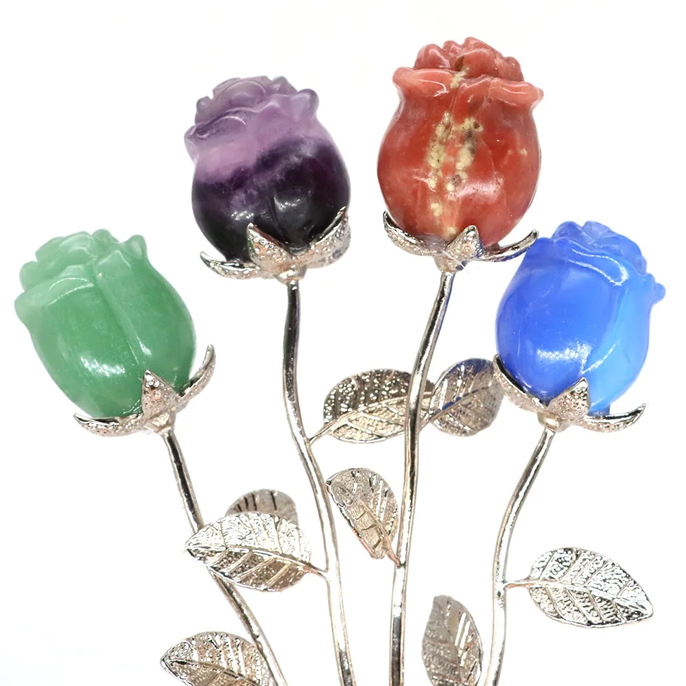 Natural Stone Crystal Rose Flower Healing Gemstone Hand Carved Crafts Home Decoration Valentines Day Gift Party Wedding Supplies