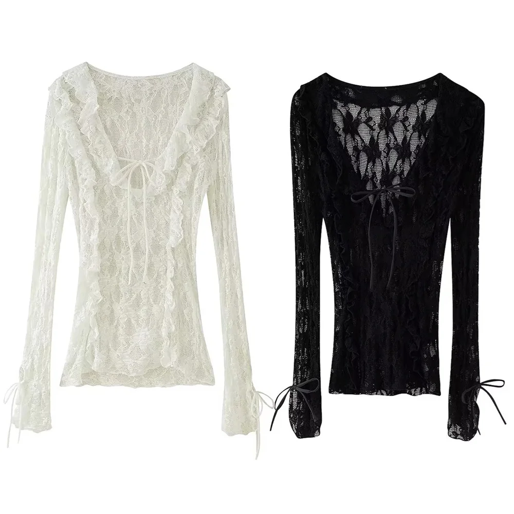 

UNIZERA Women's Design Long Sleeve V-neck Lace Stacked Decorative Top Spring/Summer New Casual Women's Wear