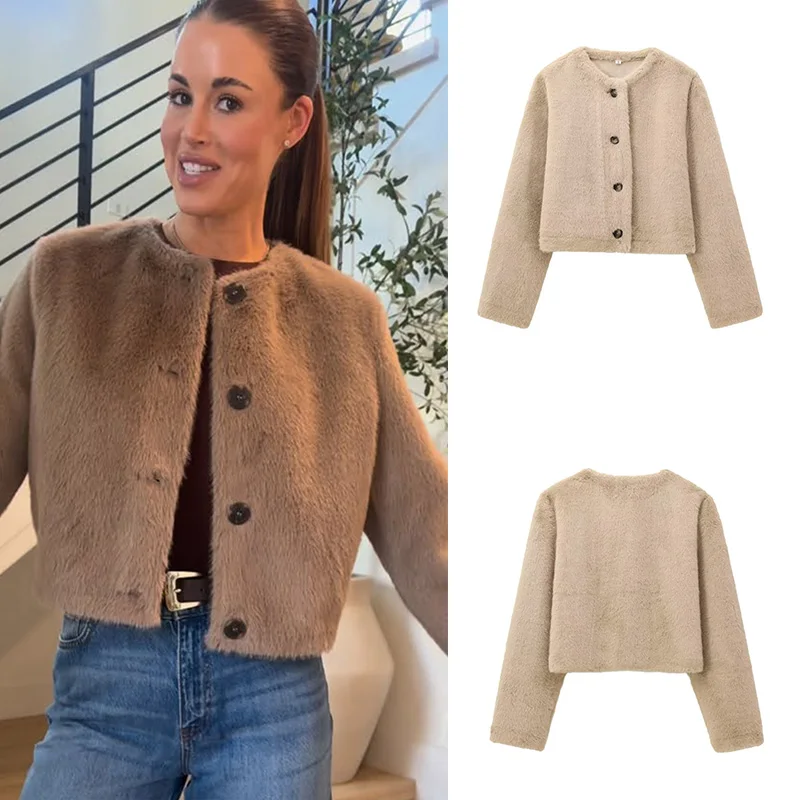 Guobioziy 2026 Winter Women Short Cropped Jacket Vintage Korean Style Chic Lady Outerwear Loose Round Neck Single Breasted Coat