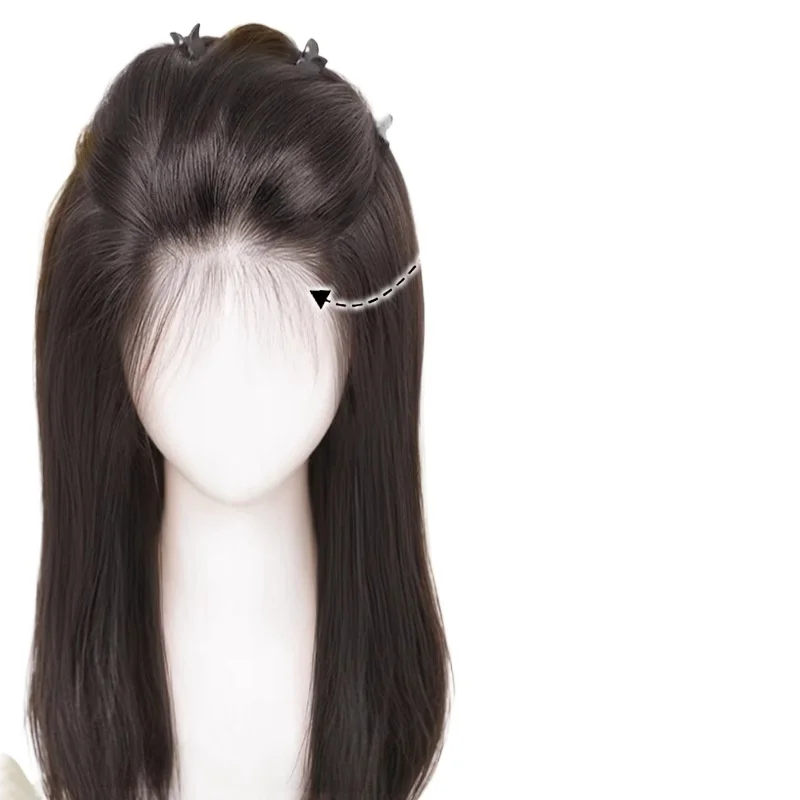 

Hand-woven lace mesh wig on forehead, real hair on top of head, light and seamless, covering white hair