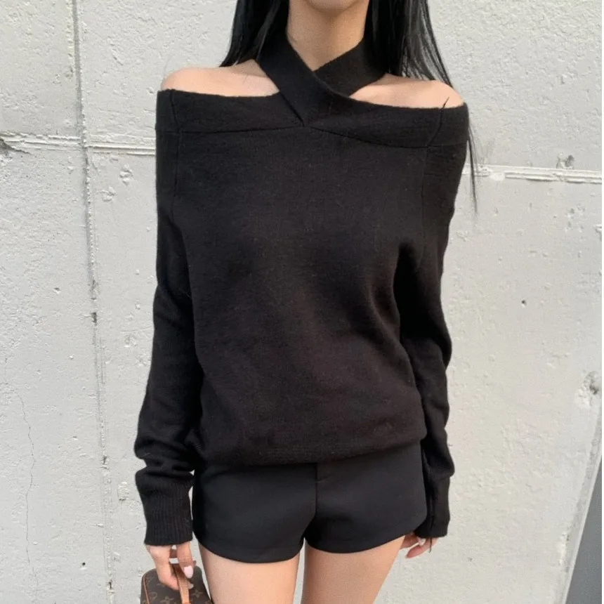 

Ladies Knitted Sweater Chic Early Spring Design Lazy Sle Cross Ne oulder Bared Long Sve Top Women's Faion