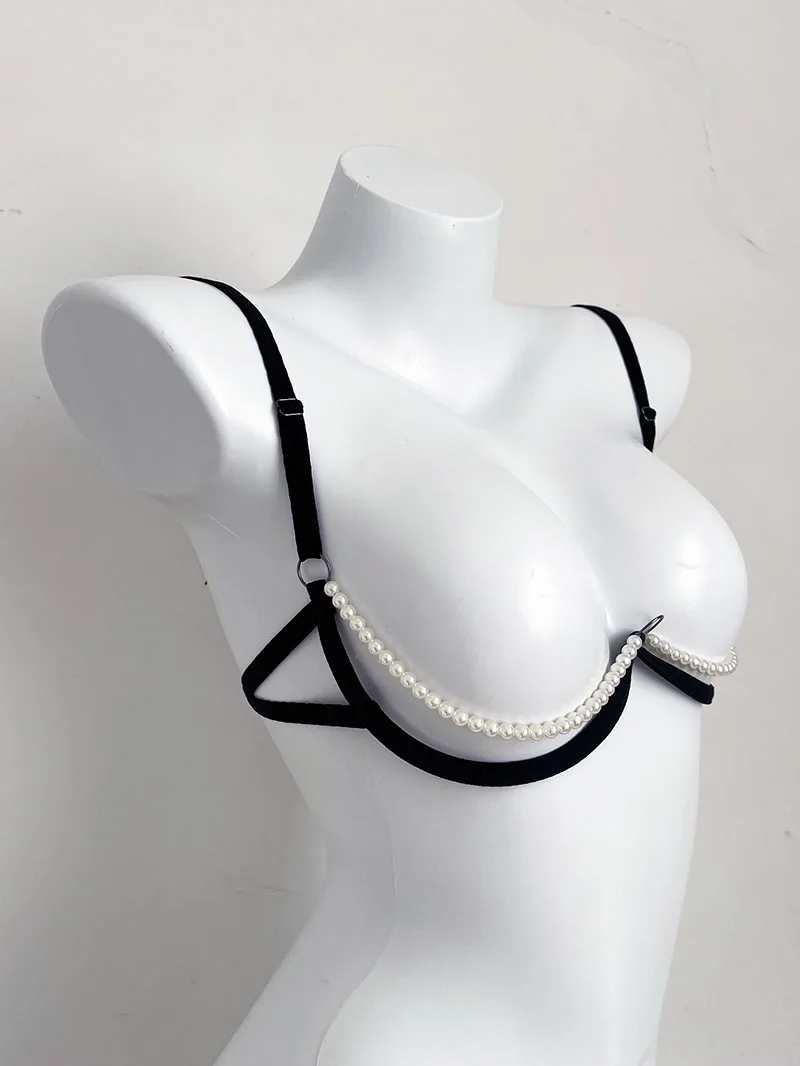 Lencería Sexy y divertida para mujer, Conjunto de sujetador transparente con perlas artificiales, ultrafino