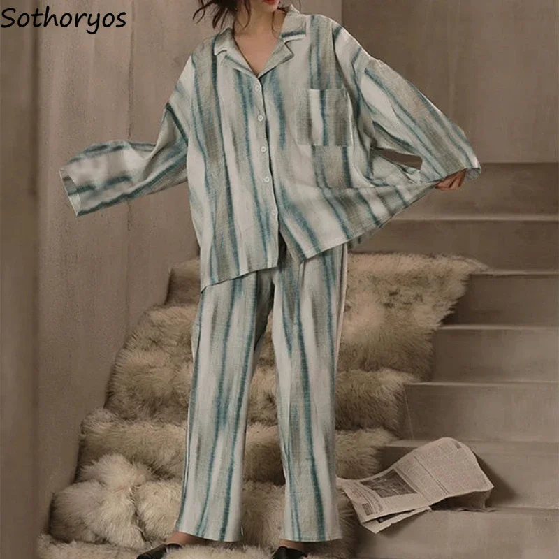 

Pajama Sets Women Striped Autumn Sleepwear Home Loose Vintage Cozy Fashion Harajuku Elegant Warm Lounge Females Ulzzang Pockets
