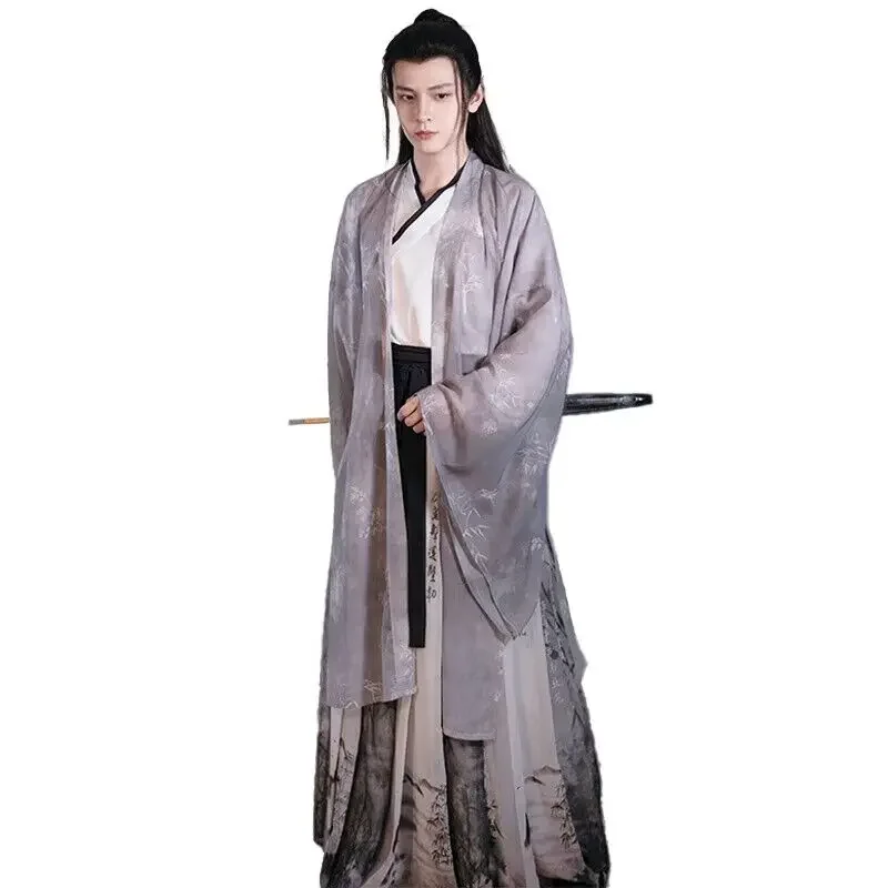 Large Size 2XL Hanfu Men Chinese Traditional Printed Hanfu Male Halloween Carnival Cosplay Costume Gray Hanfu Shirt+Skirt+Coat