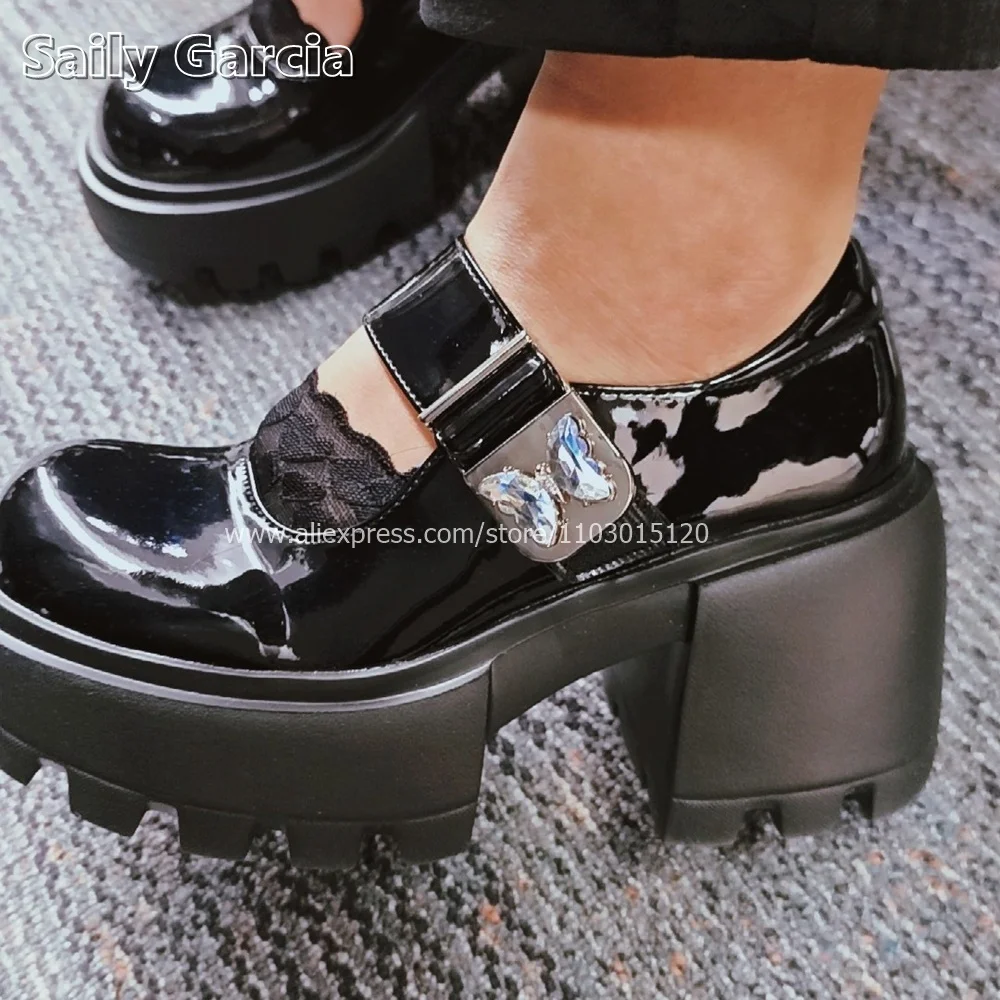 

First Layer Cowhide Butterfly Crystal Buckle Strap Pumps Mary Jane Paltform Casual Pumps Glossy Sheepskin Sole Shallow Shoes