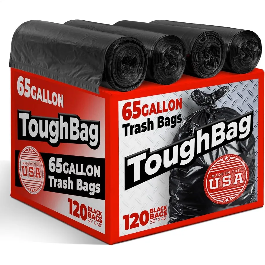 

65 Gallon Trash Bags 120 Count 50x48 Large Black Garbage Can Liners Made in USA