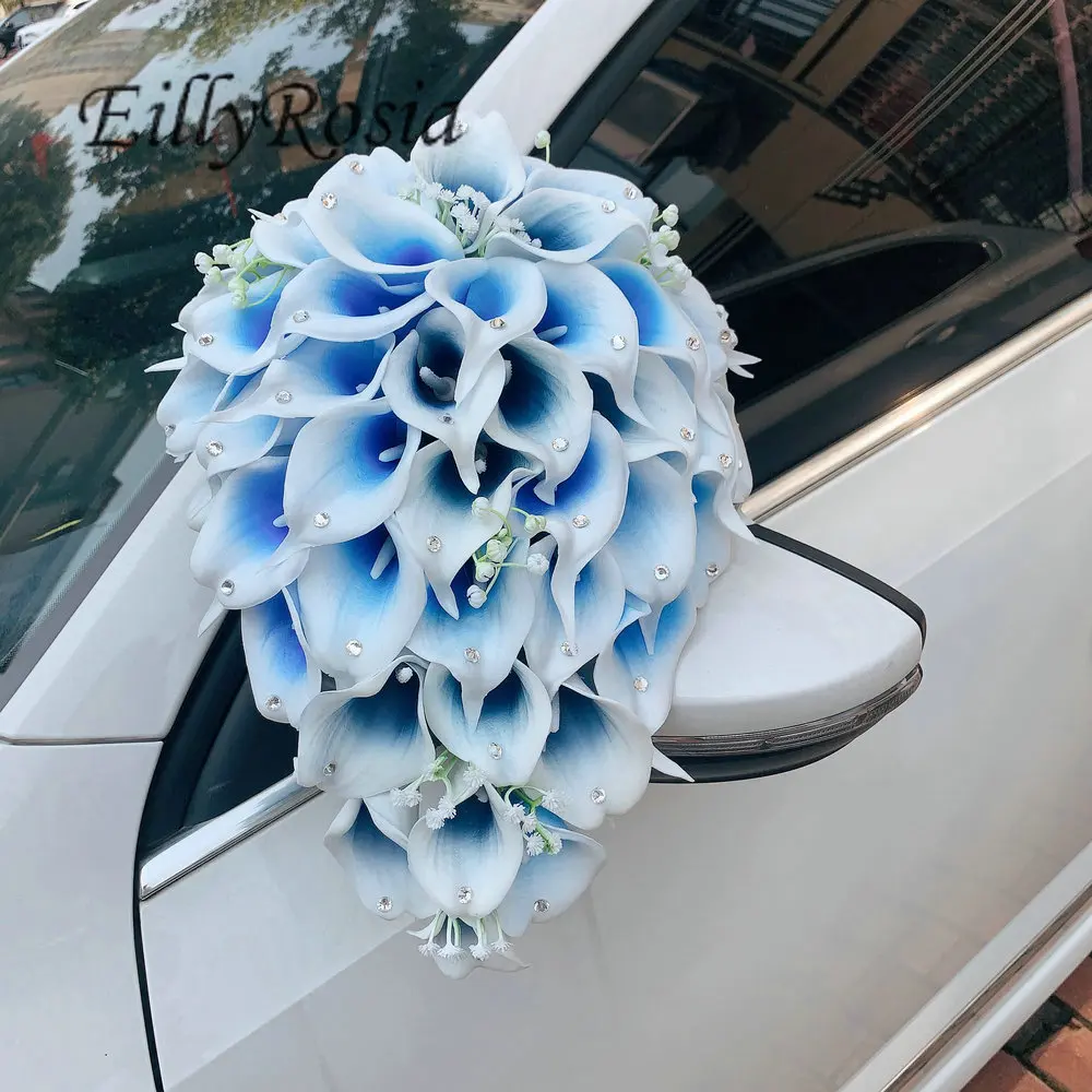 

EillyRosia Original White and Blue Calla Lily Cascade Bridal Bouquet Rhinestones Beach Wedding Flowers Set for Bridesmaid Groom