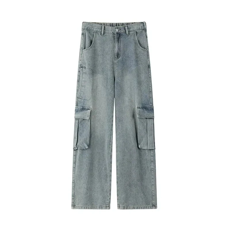 Calça cargo jeans lavada feminina, bolsos grandes, cintura alta, azul, americana, vintage, hiphop, solta, jazz, dança