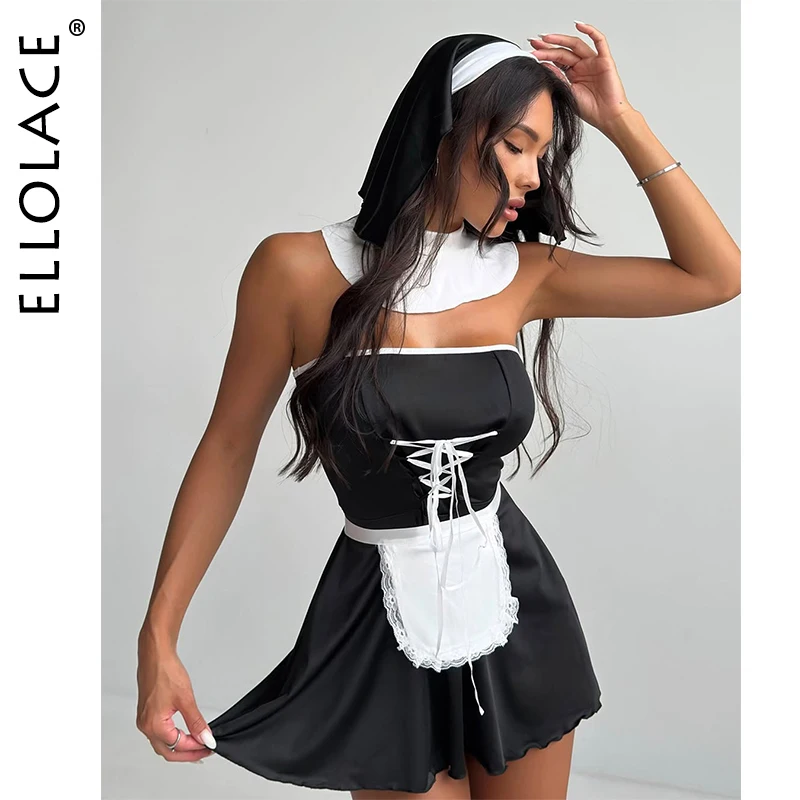 

Ellolace Halloween Woman Clothes Maid Cosplay Dress 5PC Cute Strapless Masquerade Party Dresses Backless Tie Apron Lolita Set