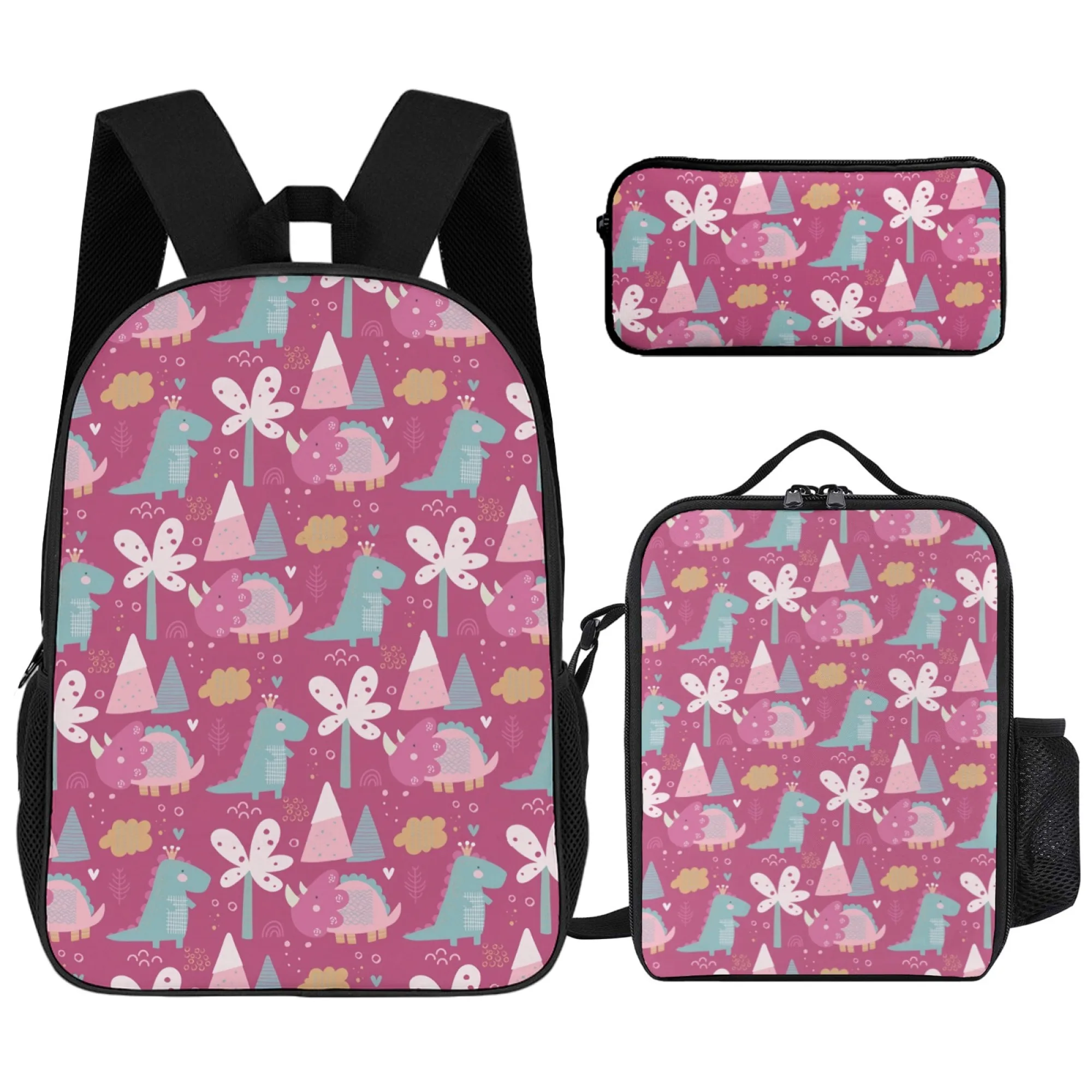 

16in cartoon printed backpack&lunch box&pencil case three piece set, lightweight material easy to wipe, suitable for school use