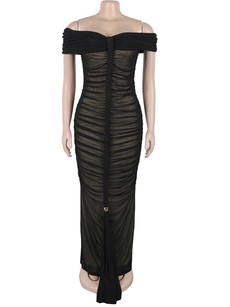 Kricesseen Robe longue froncée en maille transparente pour femme - Robe de soirée élégante plissée sans bretelles - Tenue de festival - Clubwear