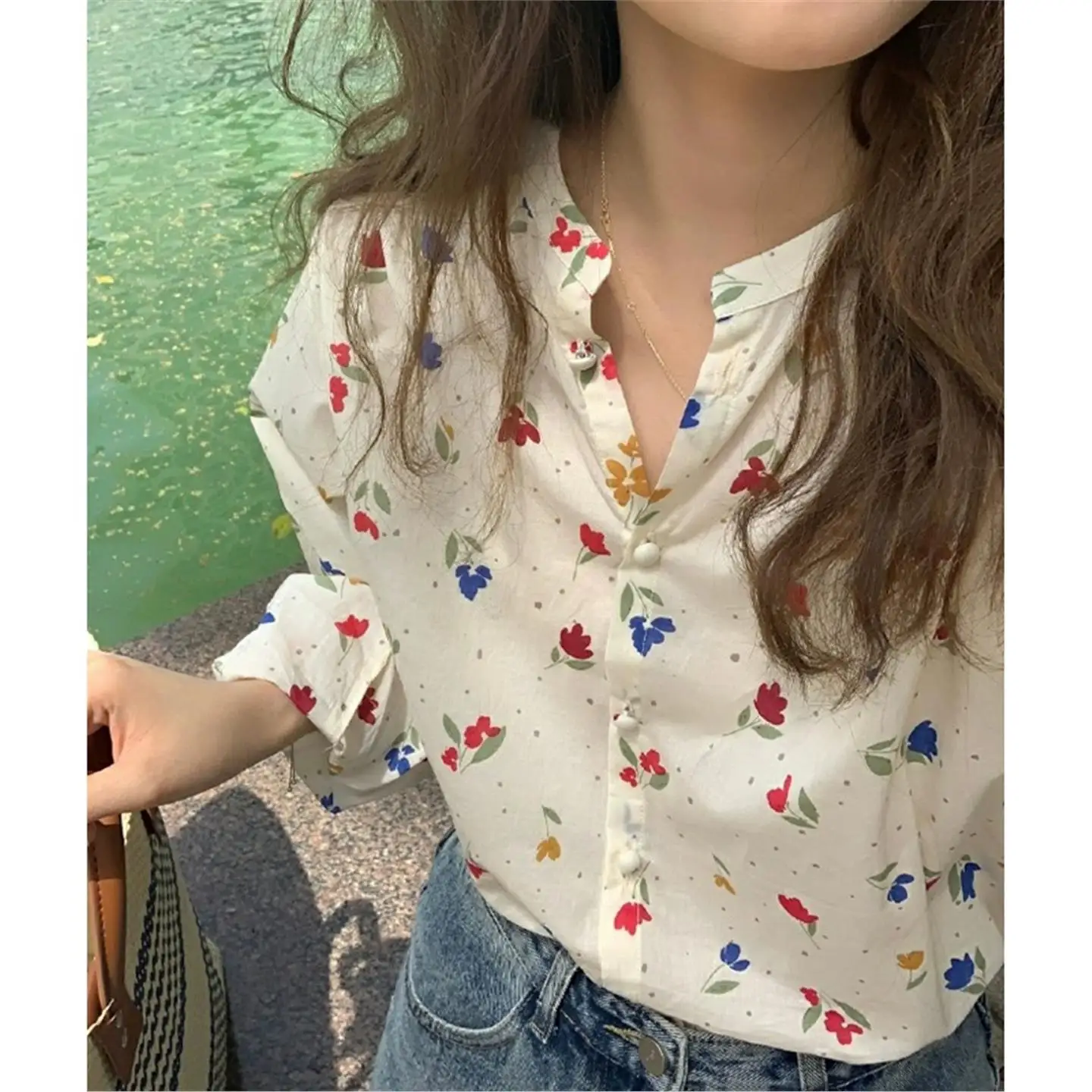 

Floral Print Shirt Thin Long Sleeve Sun Protection Button up Korean Style Women's Fashionable Summer Top Mesh Fabric Lantern ...