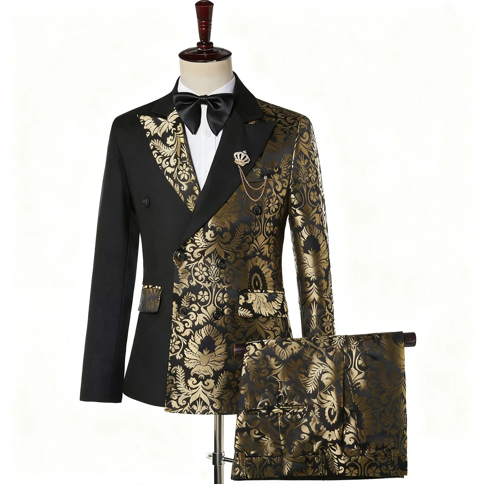 

2025 New Luxury Black & Gold Damask Double-Breasted Suit Set: Graceful Groom Wedding Dress, Groomsmen Banquet Formal Wear