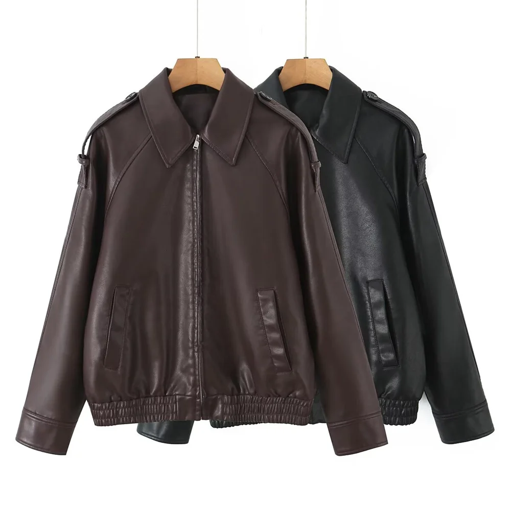 

Autumn and winter new women's clothing lazy style loose casual temperament lapel long sleeved faux leather pilot jacket jacket