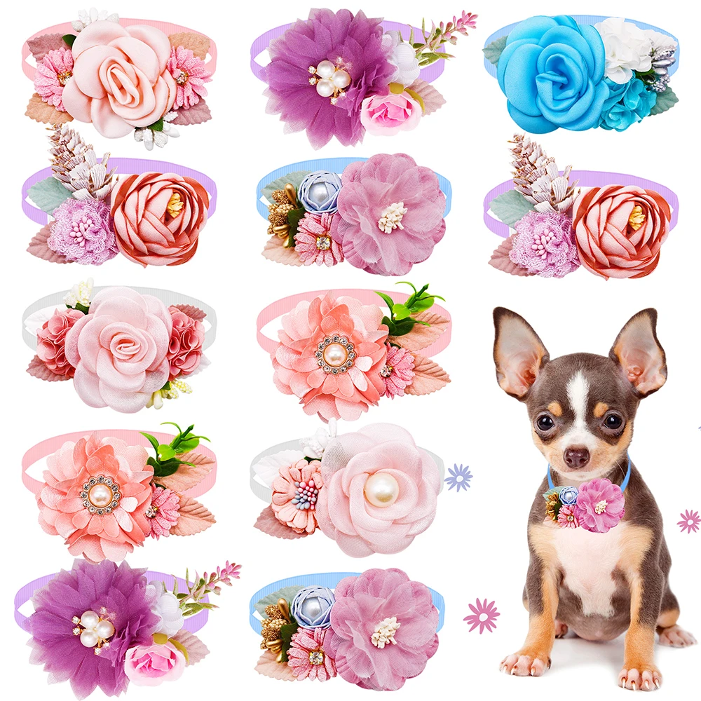 New Fashion Flower Dog Bowties Pearl Diamond Pet Dog Bows For Dog Bow Tie Collar Valentine's Day Spring Dog Grooming Products