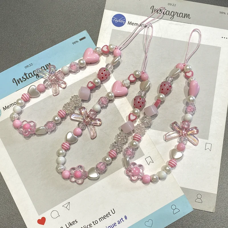 

Sweet and Cute Pink Strawberry Phone Chain keyChain for Women Pearl Chain Phone Pendant Charm Key Anti-Lost Lanyard Jewelry