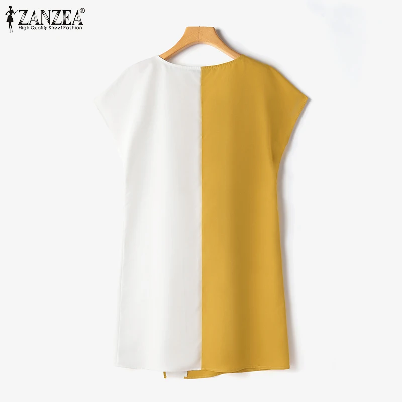 ZANZEA Women Colorblock Mini Dress Casual Asymmetrical Solid Vestido Fashion Summer Short Sleeve Robe Vintage Stitching Sundress