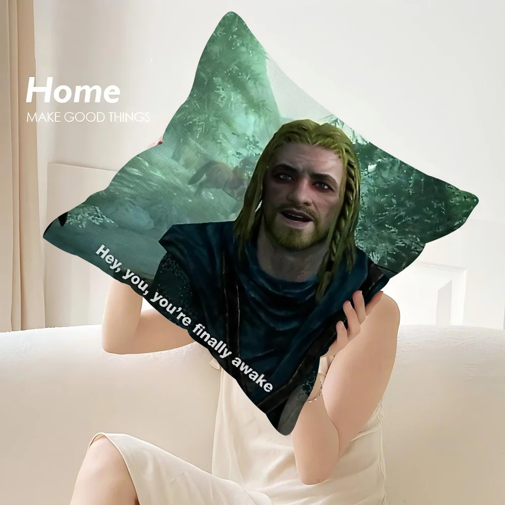 Hey You Youre Finally Awake Skyrim Meme Pillow Case Sofa Decorative Home Double-sided Print Plush Square Throw Pillow Covers