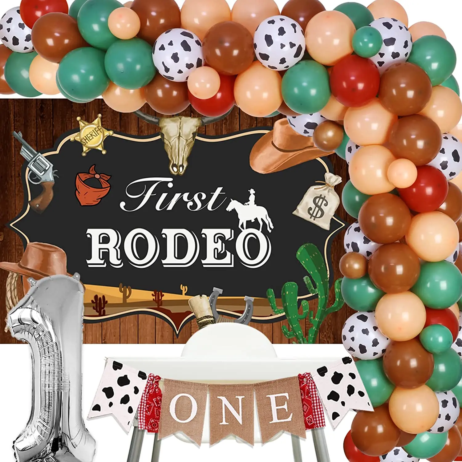 

Sursurprise-Cowboy 1st Birthday Decorations, Green and Brown Balloon Kit, First Rodeo Backdrop, Western 1st Birthday Party