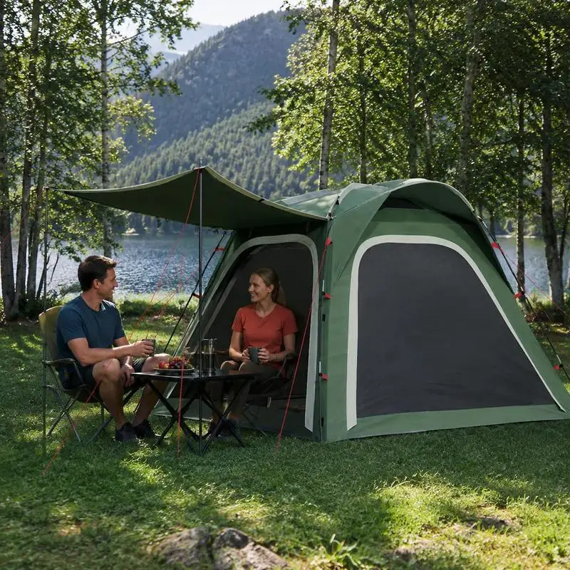 Tente de camping pour 4 personnes, verte, à démontage rapide, imperméable. Idéale pour la randonnée en banlieue, le camping en bord de lac et les séjours de nuit en bord de mer, avec une excellente performance d'étanchéité.