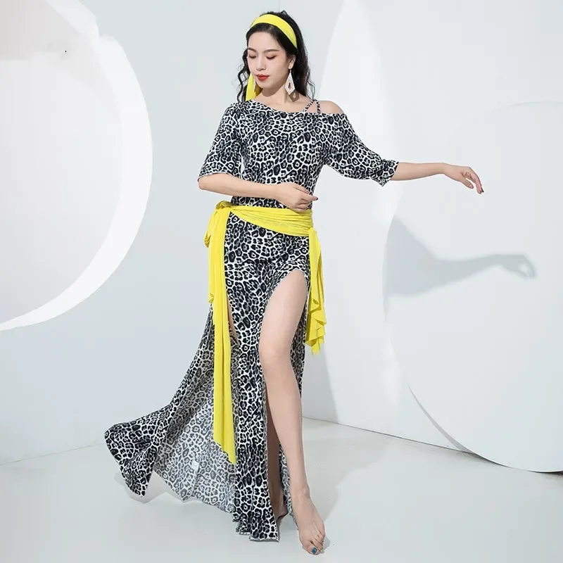 

Египетский остроконечный аккордеонный халат Baladi, 4-х предметный костюм для танца живота с леопардовым принтом, сексуальное платье с разрезом по бокам и поясом, восточное платье