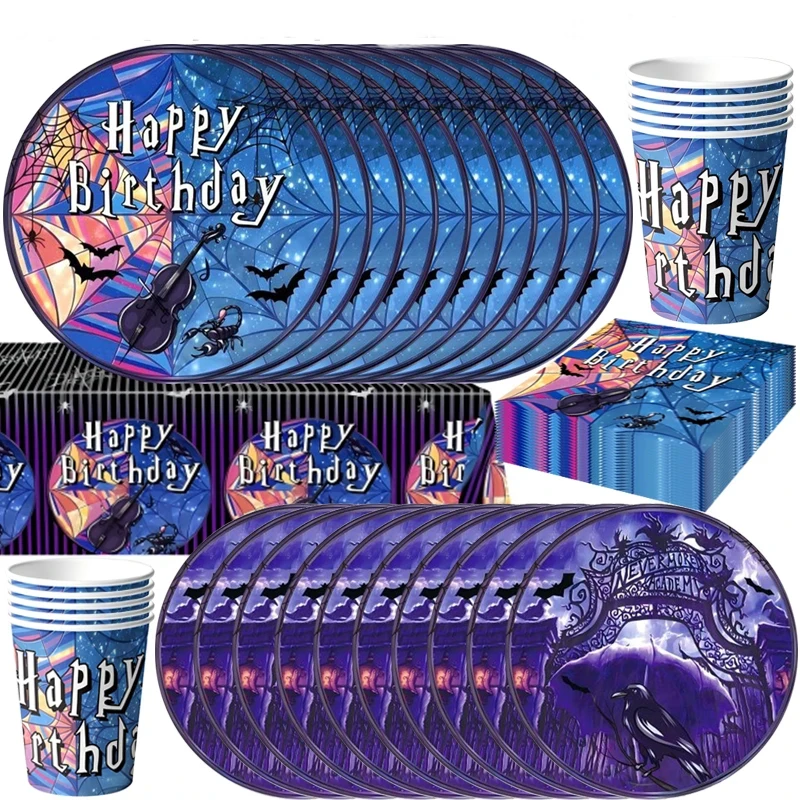 Decoración para Fiesta de Cumpleaños con Temática Addams, Artículos para Fiesta de Miércoles, Vasos, Platos, Servilletas, Globos, Fondo, Pancarta, Recuerdos para Niños, Regalos