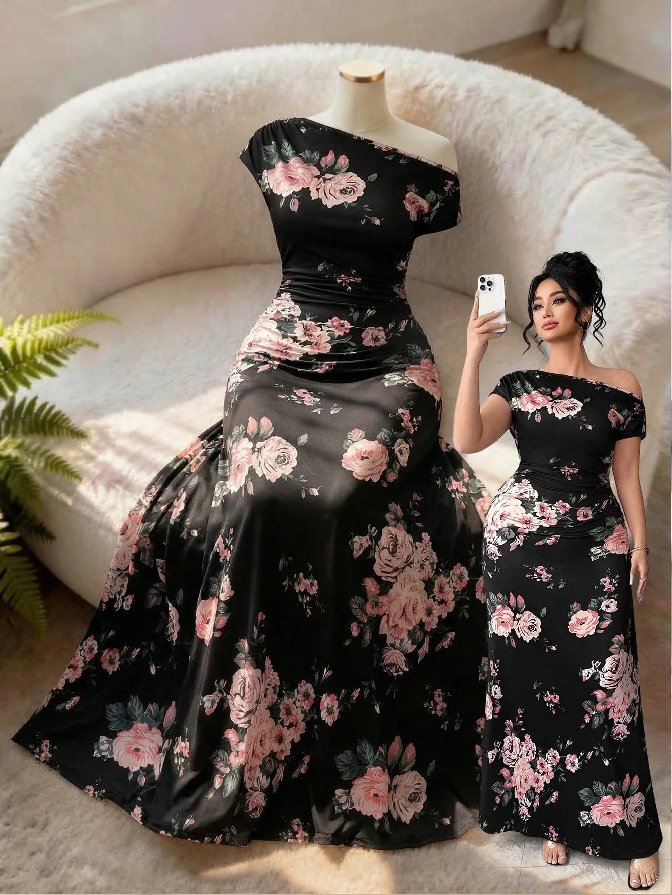 

Elegant Off Shoulder Floral Print Long Dress For Women