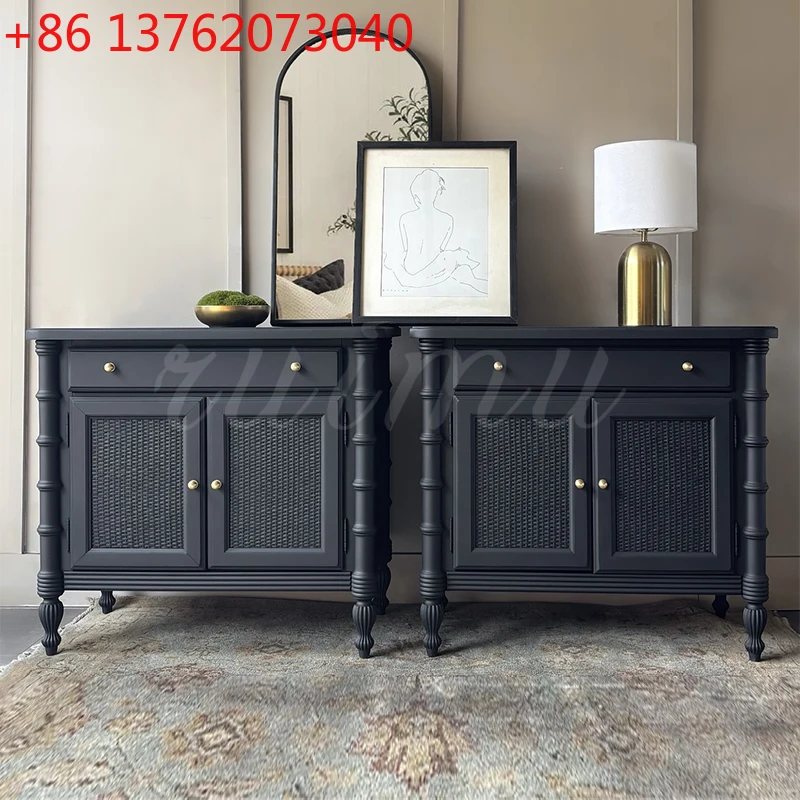 

French rattan bedside table, small apartment, bedroom, solid wood cabinet, American simple