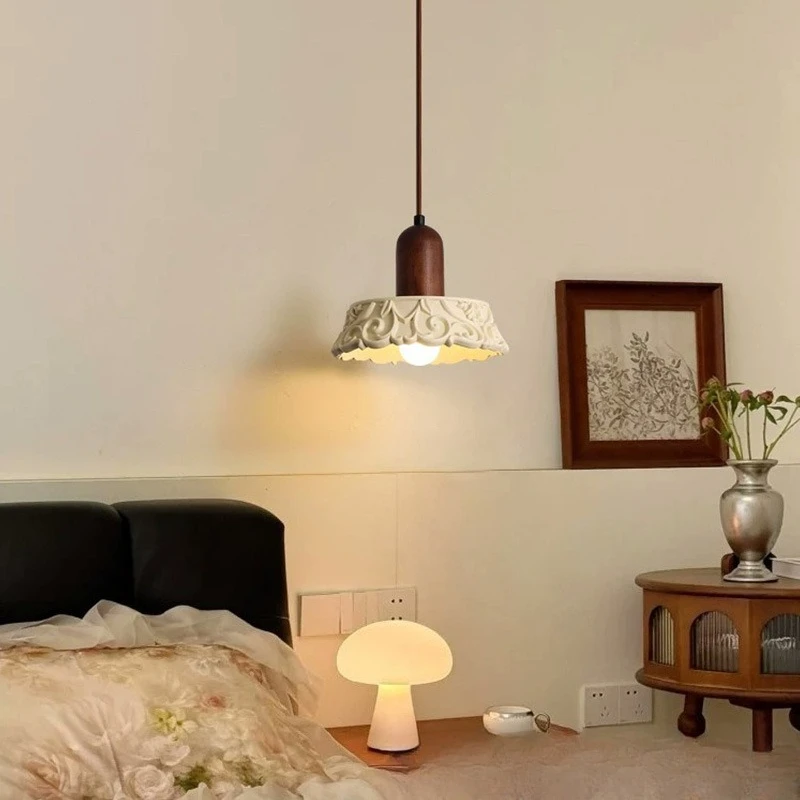 

French retro cream wind chandelier bedroom bedside medieval walnut color decoration creative atmosphere engraved small