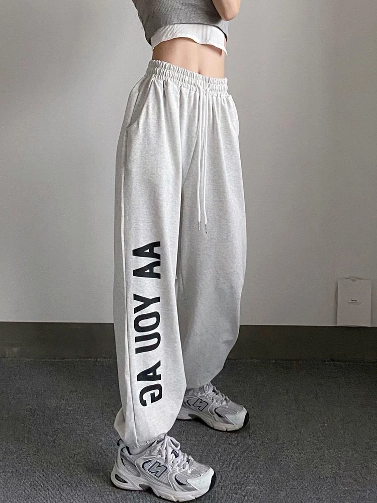 

Jmprs Streetwear Women Letter Sweatpants Korean High Waist Hip Hop Blooms Pants Retro Harajuku Lace Up Bf Summer Casual Trousers